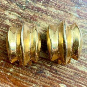 Vintage 80s GIVENCHY Paris NY Signed Half Hoop Ribbed Clip On Gold Earrings